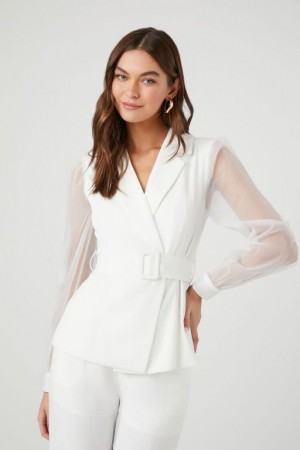 Blazer Forever 21 Belted Sheer Long Sleeve Mujer Blancas | DEmeJS2vHWk