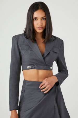 Blazer Forever 21 Cropped Notched Lapel Mujer Gris | r9PTdDR5WSo