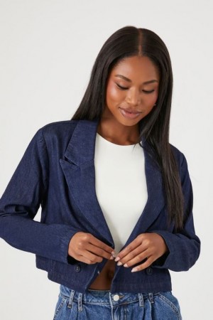 Blazer Forever 21 Denim Double Breasted Cropped Mujer Azules Oscuro | gUZXXr8EoUf