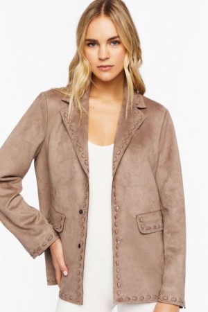 Blazer Forever 21 Faux Suede Peak Lapel Mujer Beige | n6LoATNJMUf