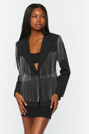 Blazer Forever 21 Fringe Single Breasted Mujer Negras | m6AZvop28ID