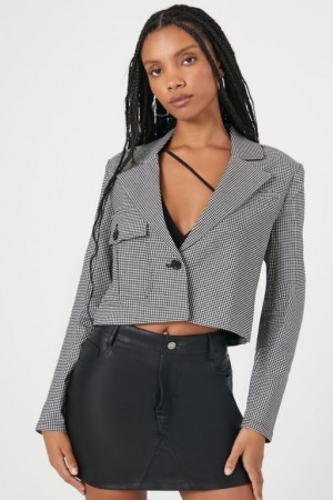 Blazer Forever 21 Jacquard Checkered Cropped Mujer Negras Blancas | G5sy8eKDvS3