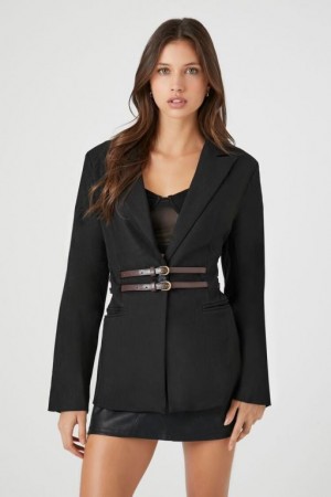 Blazer Forever 21 Notched Belted Longline Mujer Negras | Di7e1hhiLEu