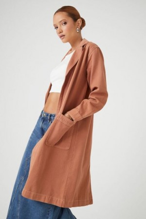 Blazer Forever 21 Open Front Twill Trench Coat Mujer Marrones | BOzxMhcYoPT