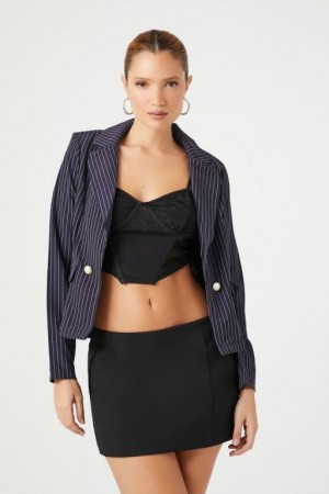 Blazer Forever 21 Pinstriped Notched Mujer Azul Marino Blancas | evG3I8um4SQ