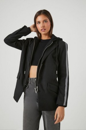 Blazer Forever 21 Varsity A Rayas Zip Up Hooded Mujer Negras Negras | PPgCqJo7dWd