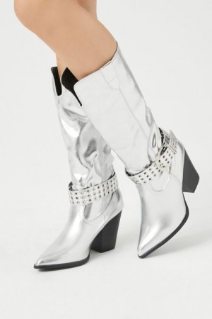 Botas Forever 21 Buckled Metallic Cowboy Mujer Plateadas | qnKQmzZpeKO