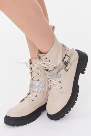 Botas Forever 21 Buckled Rhinestone Combat Booties Mujer Creme | lcXHvria9Yc