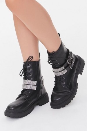 Botas Forever 21 Buckled Rhinestone Combat Booties Mujer Negras | A8T27KVNypc