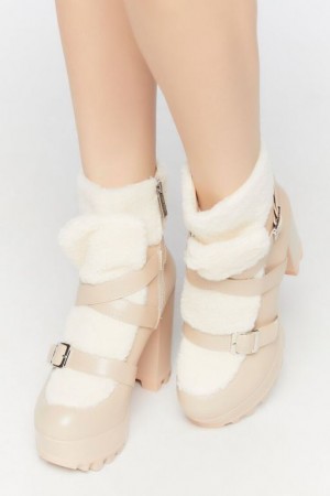 Botas Forever 21 Faux Cuero Amp Shearling Booties Mujer Beige | VZ6QsUyQTAY