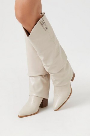 Botas Forever 21 Faux Cuero Overlay Block Heel Mujer Creme | 78IA4JivVYF