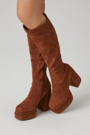 Botas Forever 21 Faux Suede Platform Block Heel Mujer Marrones | JeLIAK6rkQ9