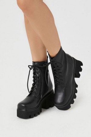 Botas Forever 21 Lace Up Lug Sole Combat Mujer Negras | D2jXOiET06G