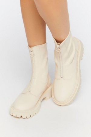 Botas Forever 21 Zip Front Faux Cuero Booties Mujer Creme | S5nHY1EwJPH