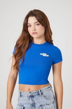 Camisa Forever 21 Chevrolet Estampadas Cropped Mujer Azules Blancas | 8ut4Fy3VnD8