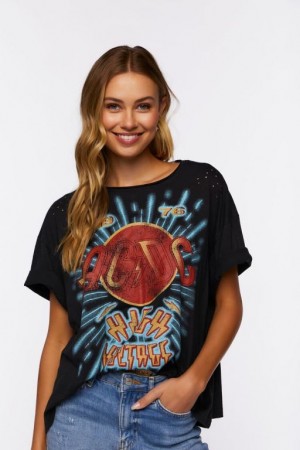 Camisa Forever 21 Distressed Acdc Estampadas Mujer Negras Multicolor | YOiODxnJ5QU