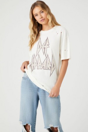 Camisa Forever 21 Distressed Def Leppard Estampadas Mujer Creme Multicolor | eFS9XdicfGS