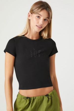 Camisa Forever 21 Libra Rhinestone Cropped Mujer Negras Plateadas | e1m9oHHNA8p