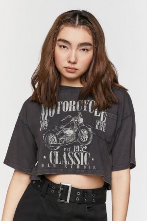 Camisa Forever 21 Motorcycle Estampadas Cropped Mujer Gris Multicolor | J4OMh4kSvFa