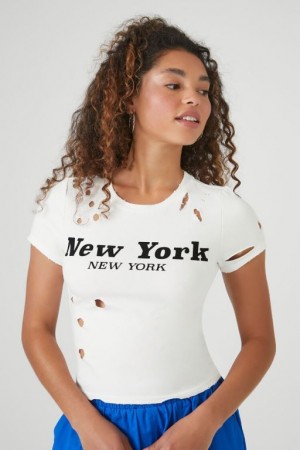 Camisa Forever 21 New York Estampadas Distressed Mujer Blancas Multicolor | Mk2Gl1dtW4Y