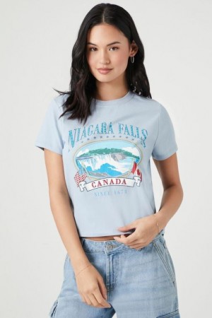 Camisa Forever 21 Niagara Falls Estampadas Mujer Azules Multicolor | eEu5ZptQSJP