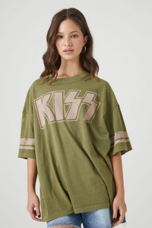 Camisa Forever 21 Oversized Kiss Estampadas Mujer Verde Oliva Multicolor | IV7N3qCpT1a