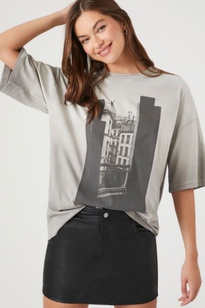 Camisa Forever 21 Paris Balcony Estampadas Mujer Gris Negras | WijCciXfl6G