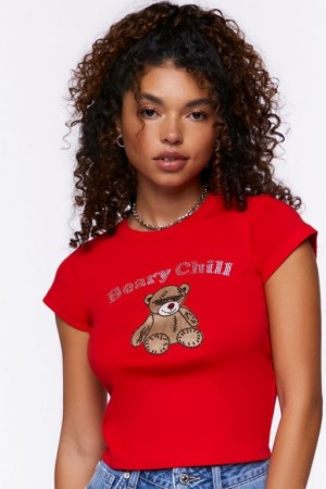 Camisa Forever 21 Rhinestone Beary Chill Estampadas Mujer Rojas Multicolor | 1rhlzRC25FI