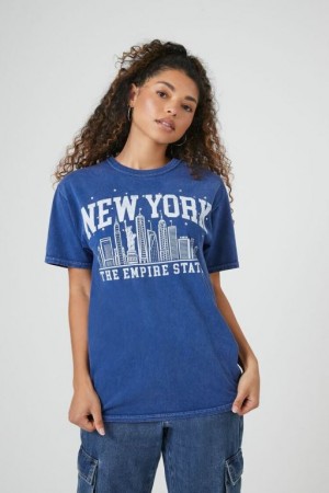 Camisa Forever 21 Rhinestone New York Estampadas Mujer Azules Blancas | WVJJRmiSJie