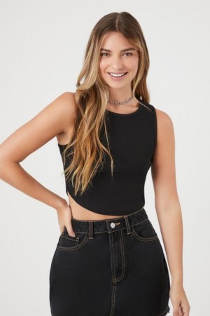 Camiseta Tirantes Forever 21 Cropped Curved Hem Tank Mujer Negras | v8GNy1VZOOs