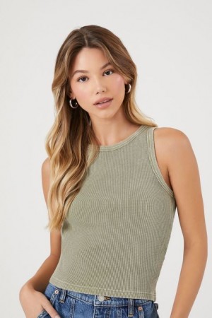 Camiseta Tirantes Forever 21 Mineral Wash Waffle Knit Tank Mujer Gris Verde | Bu5TTqLA9Fd