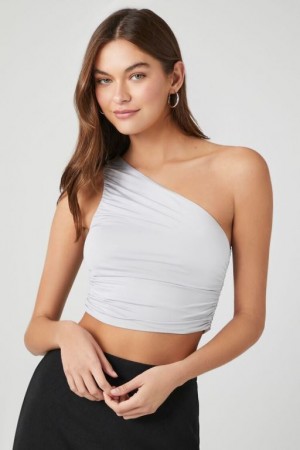 Camiseta Tirantes Forever 21 Ruched One Shoulder Crop Mujer Gris Claro | WlmXe6IZJSW