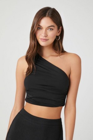 Camiseta Tirantes Forever 21 Ruched One Shoulder Crop Mujer Negras | 2LRAob7GRmc