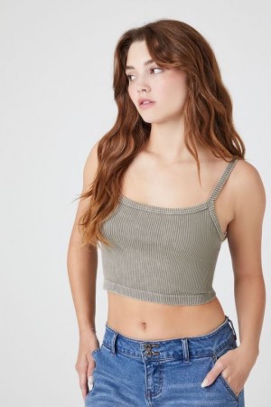 Camiseta Tirantes Forever 21 Seamless Mineral Wash Cropped Cami Mujer Verde Oliva Oscuro | V5KXMCz2iNi