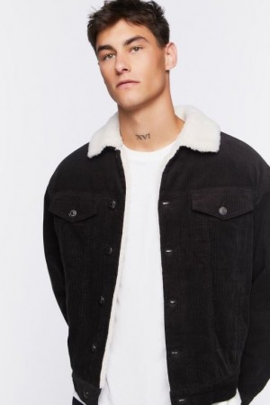 Casacas Forever 21 Corduroy Faux Shearling Trucker Hombre Negras Creme | Uwiebuh3l24