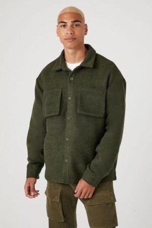 Casacas Forever 21 Drop Sleeve Pocket Shacket Hombre Verde Oliva | SxHGdNaMHSn