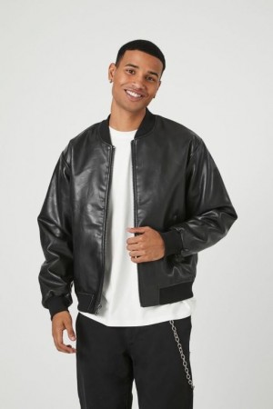 Casacas Forever 21 Embossed Faux Cuero Bomber Hombre Negras | 0NjXm3Pn84I