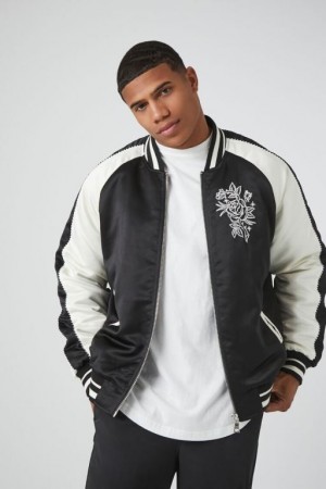 Casacas Forever 21 Embroidered Buena Suerte Bomber Hombre Negras Blancas | 75lTM38Ue9G