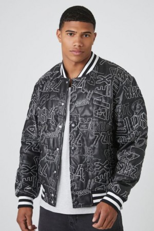 Casacas Forever 21 Embroidered Varsity Letterman Hombre Negras Blancas | jx7XvpOEJ9y