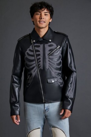 Casacas Forever 21 Faux Cuero Skeleton Moto Hombre Negras Gris | XTeBLivDwla