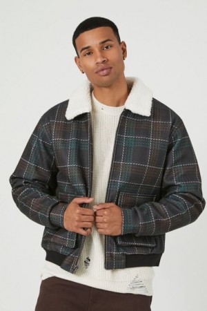 Casacas Forever 21 Faux Shearling Collar Plaid Hombre Negras Multicolor | Ispjyuscgue