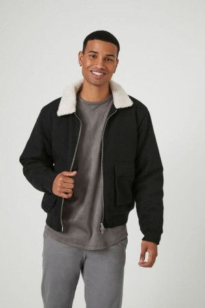 Casacas Forever 21 Faux Shearling Collar Trucker Hombre Negras Creme | 3NmlWxvOotZ