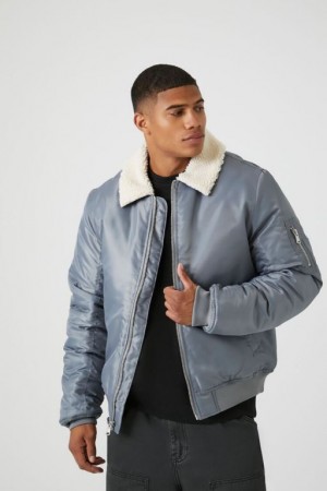 Casacas Forever 21 Faux Shearling Trim Bomber Hombre Gris Creme | ozbRQ1Hdify