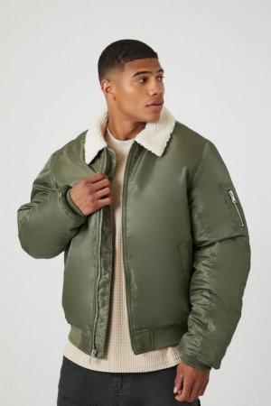 Casacas Forever 21 Faux Shearling Trim Bomber Hombre Verde Oliva Creme | r5Uv1iZl6Br