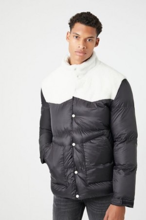 Casacas Forever 21 Faux Shearling Trim Puffer Hombre Creme Negras | NLeXwKEbYpN