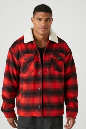 Casacas Forever 21 Faux Shearling Trim Plaid Hombre Rojas Multicolor | Q6mLAQgzuhR