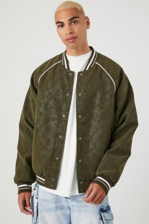 Casacas Forever 21 Faux Suede Varsity Bomber Hombre Verde Oliva Gris Marrones | eIiUTPpFx9a