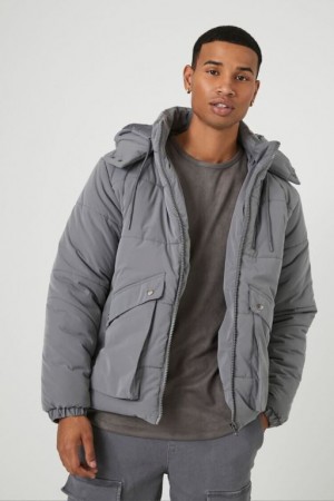 Casacas Forever 21 Hooded Puffer Hombre Gris | zGE1lfdfIVM