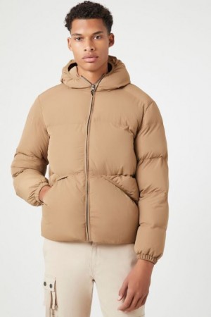 Casacas Forever 21 Hooded Zip Up Puffer Hombre Marrones | ers85joTb6L