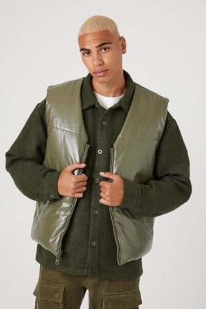 Chaleco Forever 21 Faux Cuero Zip Up Hombre Verde Oliva | G25D6J784lM